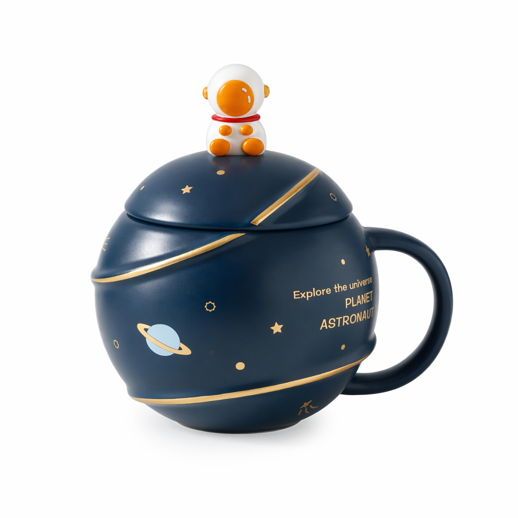 500ML Lid Coffee Mug with Space Cartoon Design Navy Astronaut