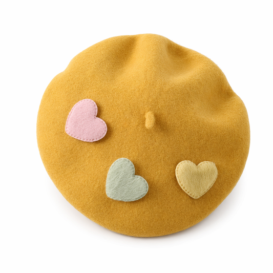 Heart-Patterned Kawaii Beret Hat Ocre
