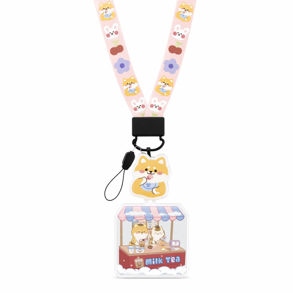 Cute Animal Lanyard with Charm Pink Shiba Boba