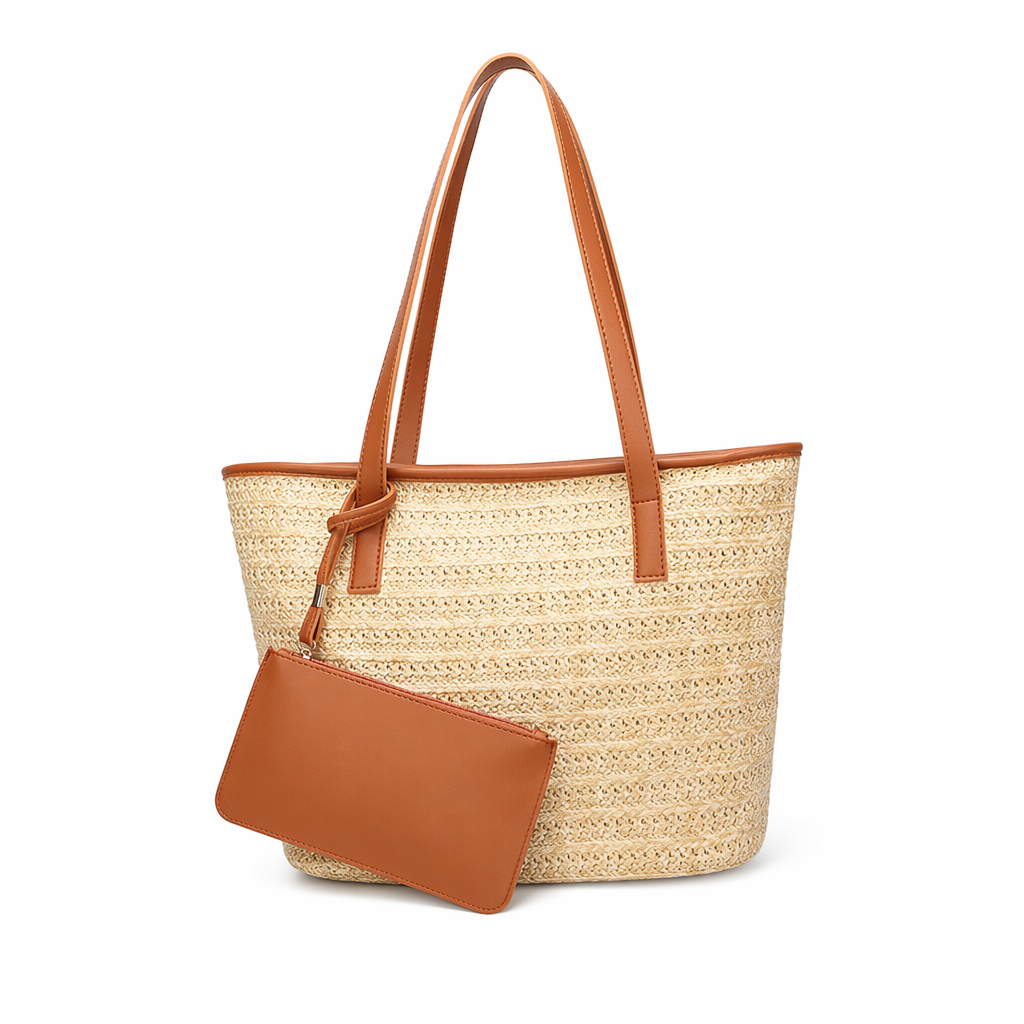 Straw Tote with Faux Leather Accents Brown