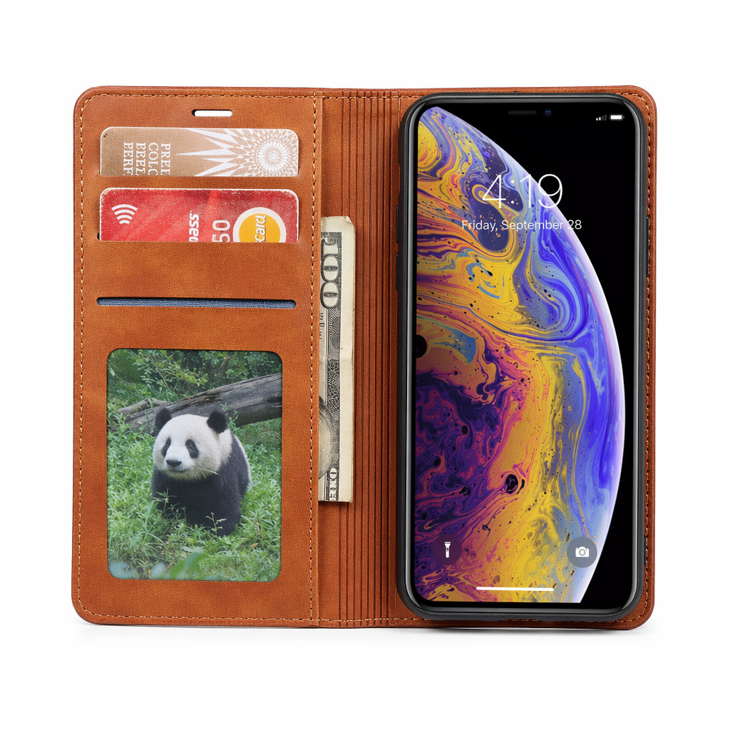 Magnetic Leather Card Holder Flip Case for iPhone Series 10 to 14 Brown