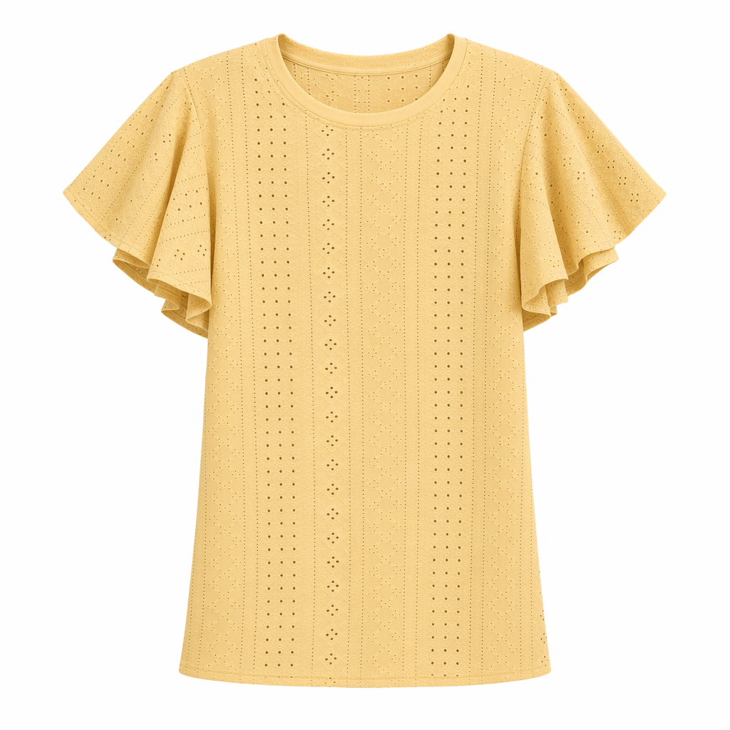 Ruffled Round Neck Top for Women with Cap Sleeves Yellow