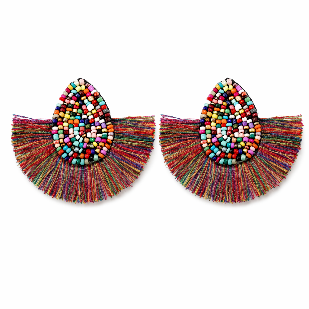 Vibrant Tasseled Waterdrop Earrings with Beaded Accents Multi