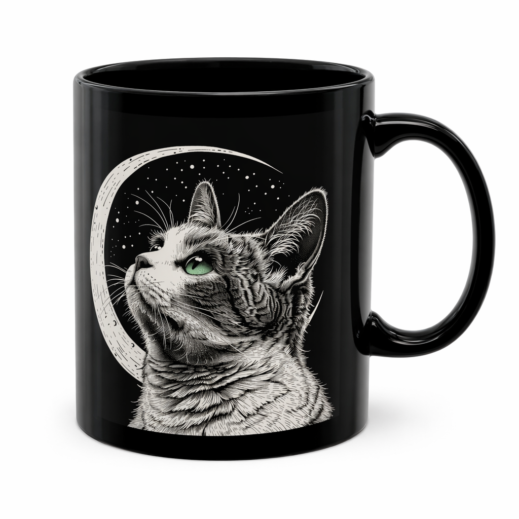 Black Ceramic Mug with Crescent Moon and Cat Design for Coffee and Tea Default