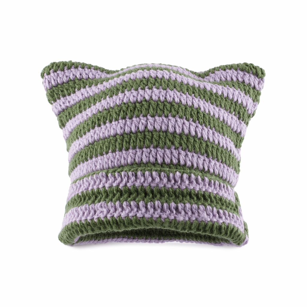 Striped Knitted Beanie for Adults purple green handmad