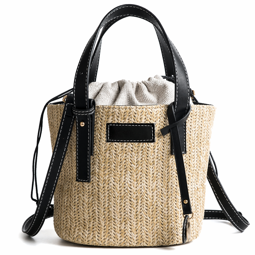 Vegan Leather Handled Straw Shoulder Bag Black