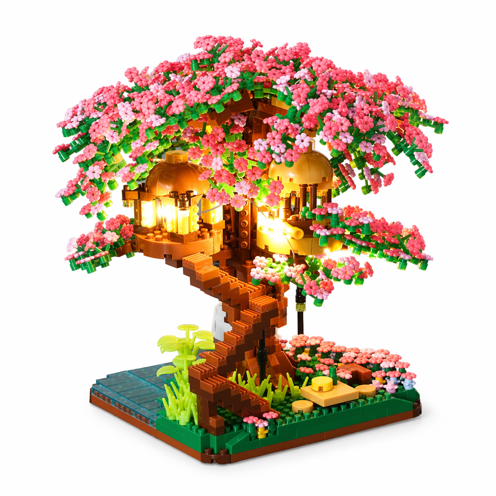 Lighted Cherry Blossom Tree House Building Puzzle Set Pink
