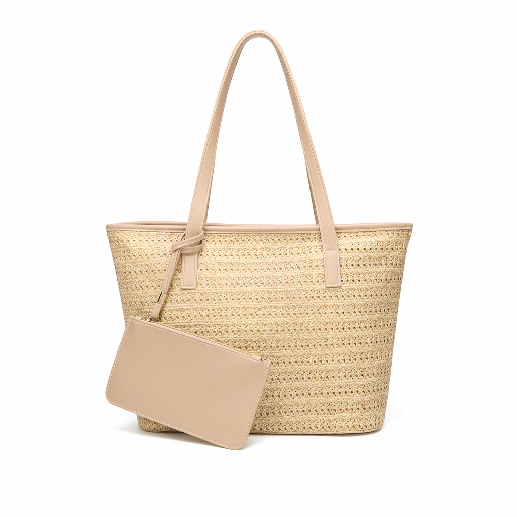 Straw Tote with Faux Leather Accents Beige