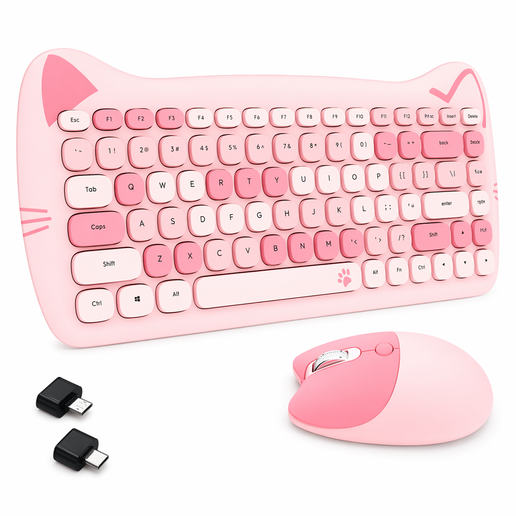 Wireless Keyboard and Mouse Kit with Feline Design Pink