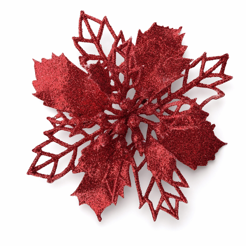 Set of 10 Glittery Flower Christmas Tree Ornaments Red