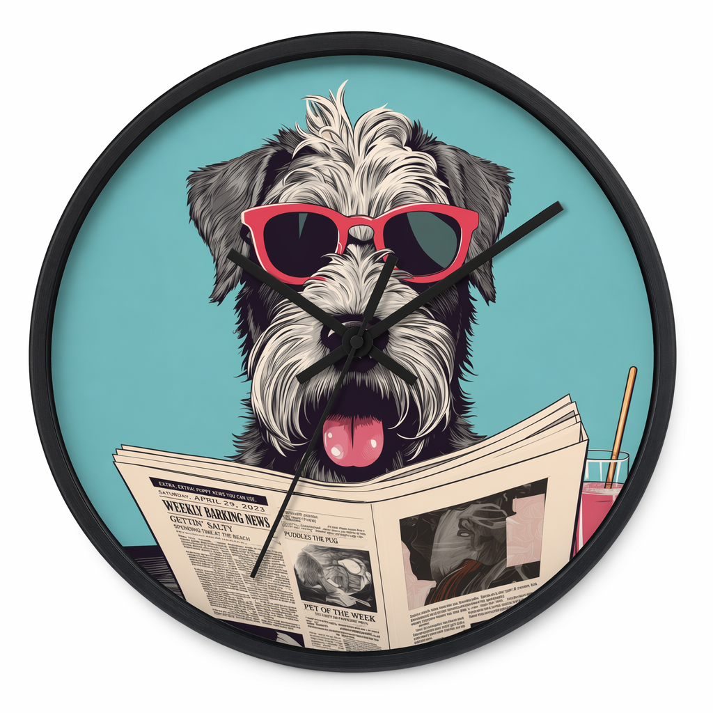 Reading Schnauzer Wall Clock - Stay punctual and add a touch of canine charm to your home or office with this unique wall clock featuring a Schnauzer catching up on the latest news. Default