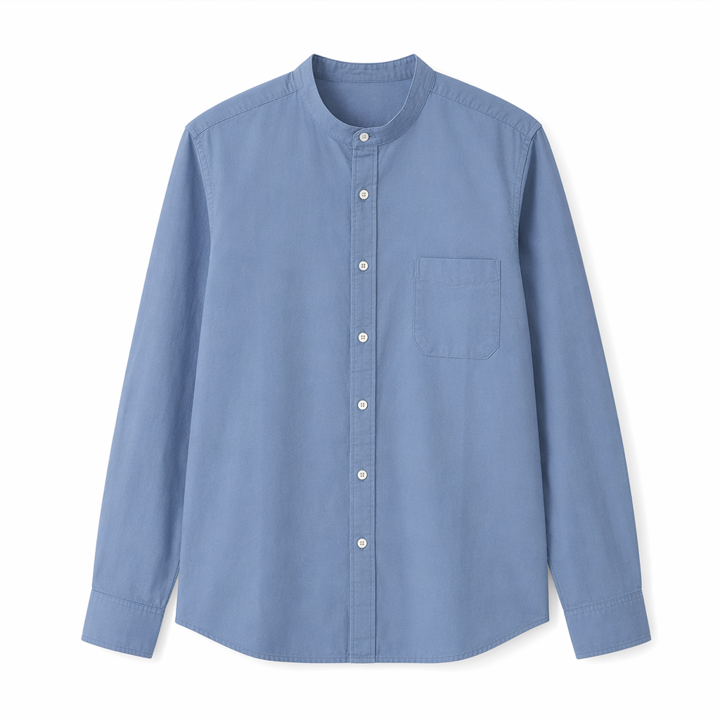 Stand Collar Men's Button-Up Shirt Dark Blue