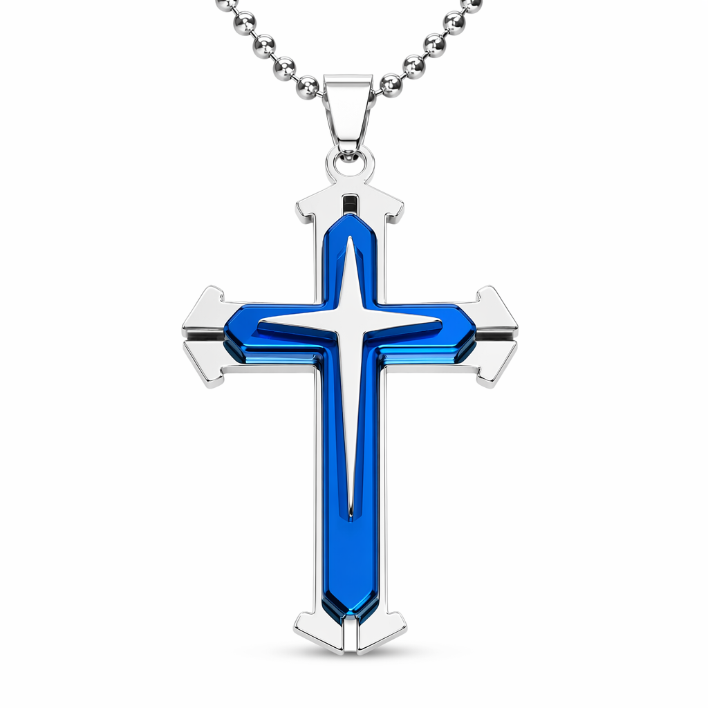 Cross Pendant Necklace for Men in Stainless Steel Blue