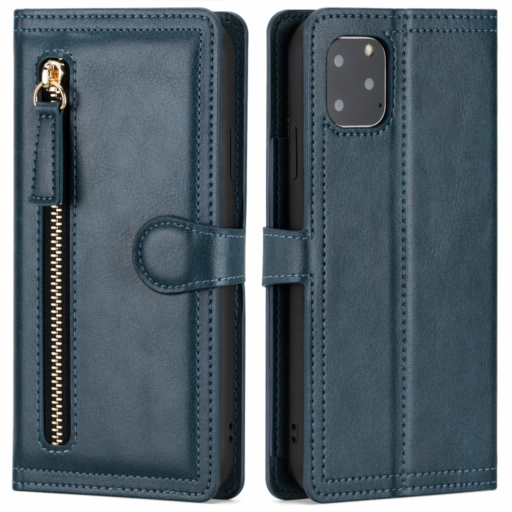 Wireless Charging Compatible Flip Case with Zippered Wallet for iPhone X to 14 Series Blue