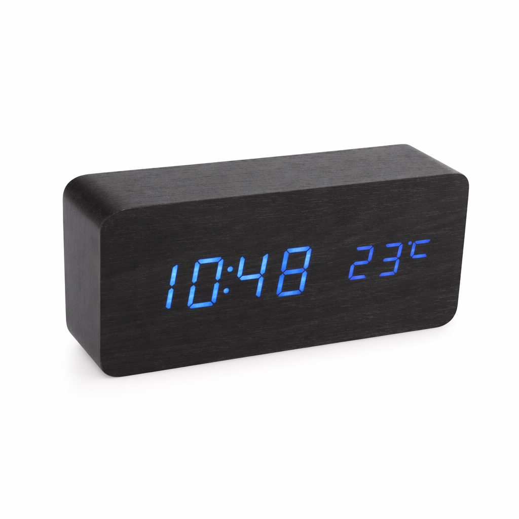 Wooden LED Digital Clock with Temperature Indicator Black with Blue
