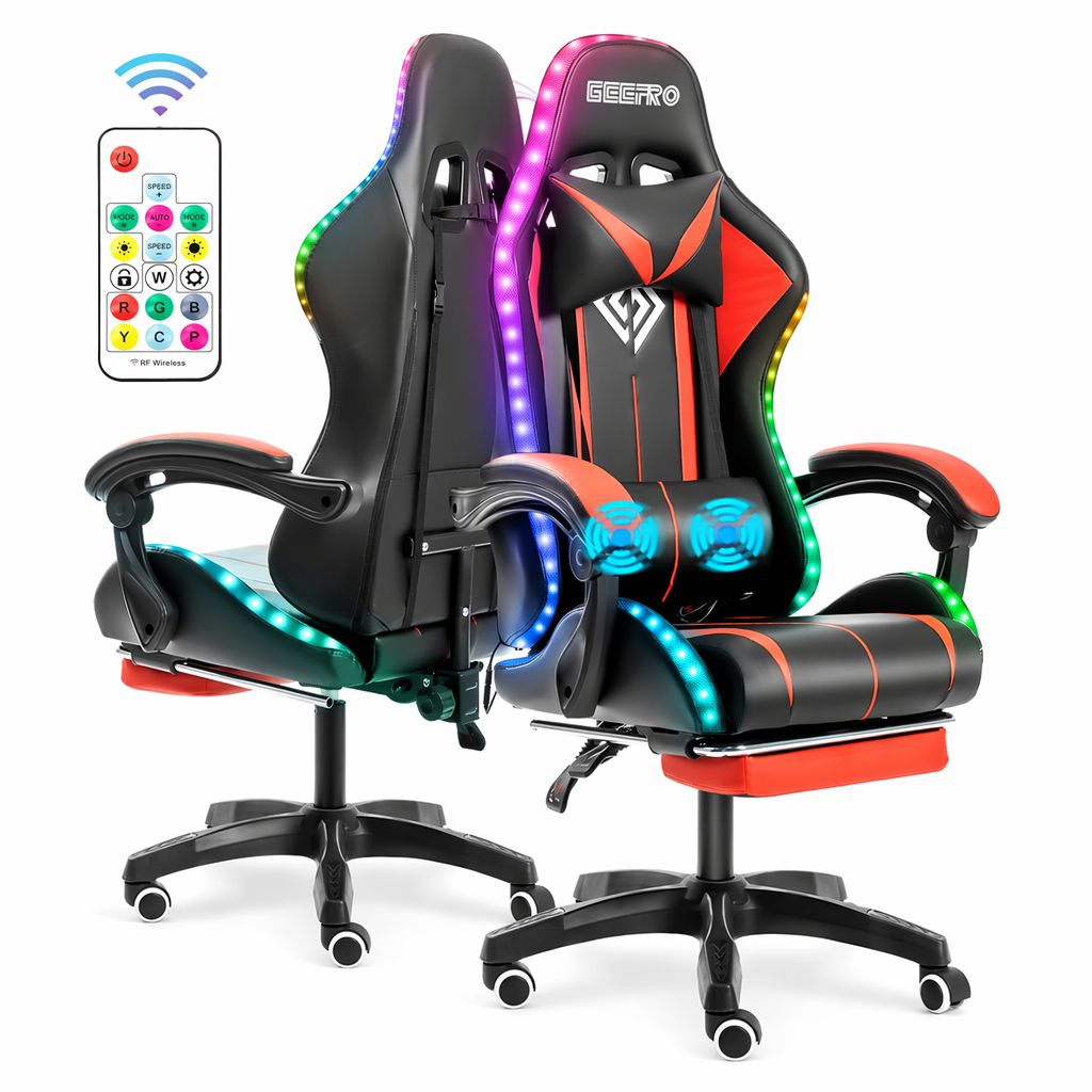 LED Gaming Chair with Built-In Footrest and Massaging Function Red