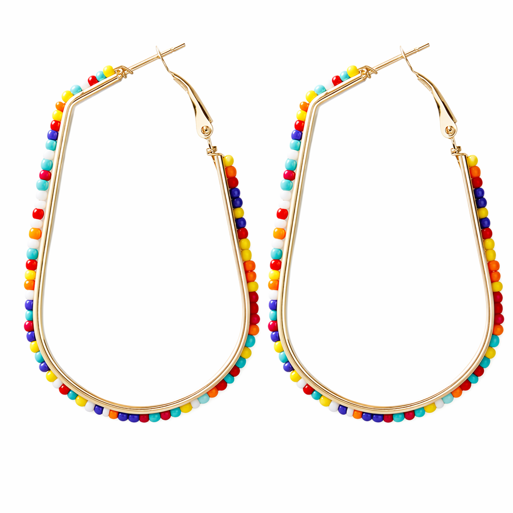 Beaded Elongated Circle Earrings Rainbow