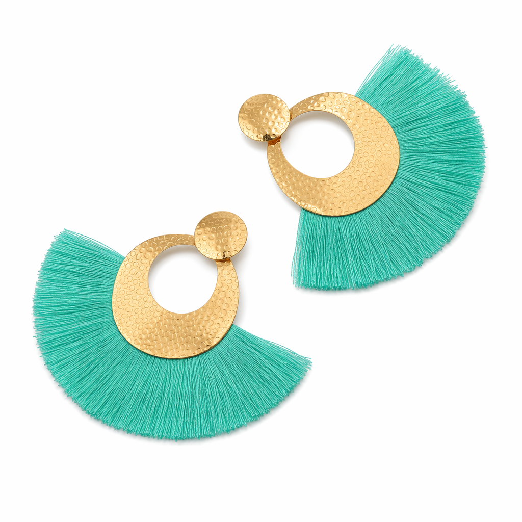 Fan-Shaped Tassel Earrings in a Stunning Gold Turquoise