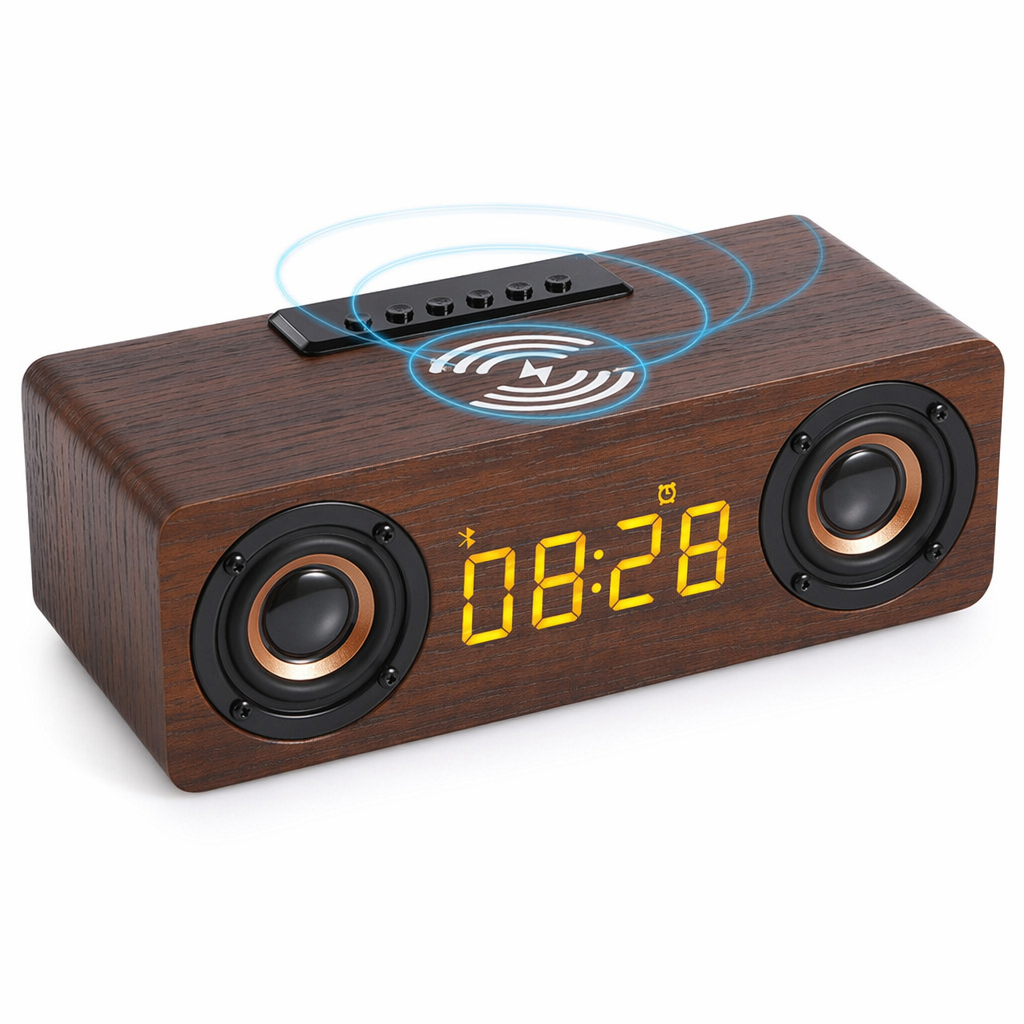 Retro-inspired Wooden Alarm Clock Radio with Wireless Charging and Bluetooth Speaker Dark Brown