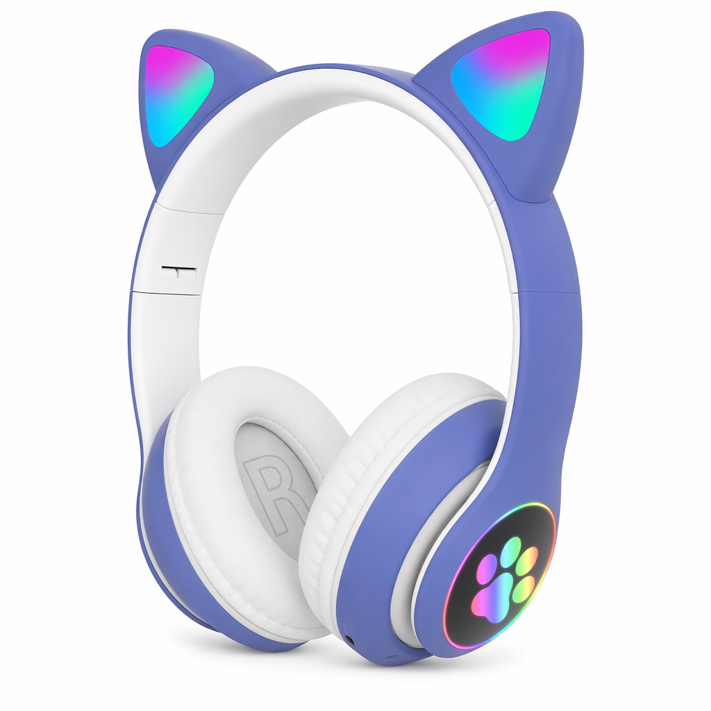LED Feline Ear Wireless Headphones with Cartoon Design Blue