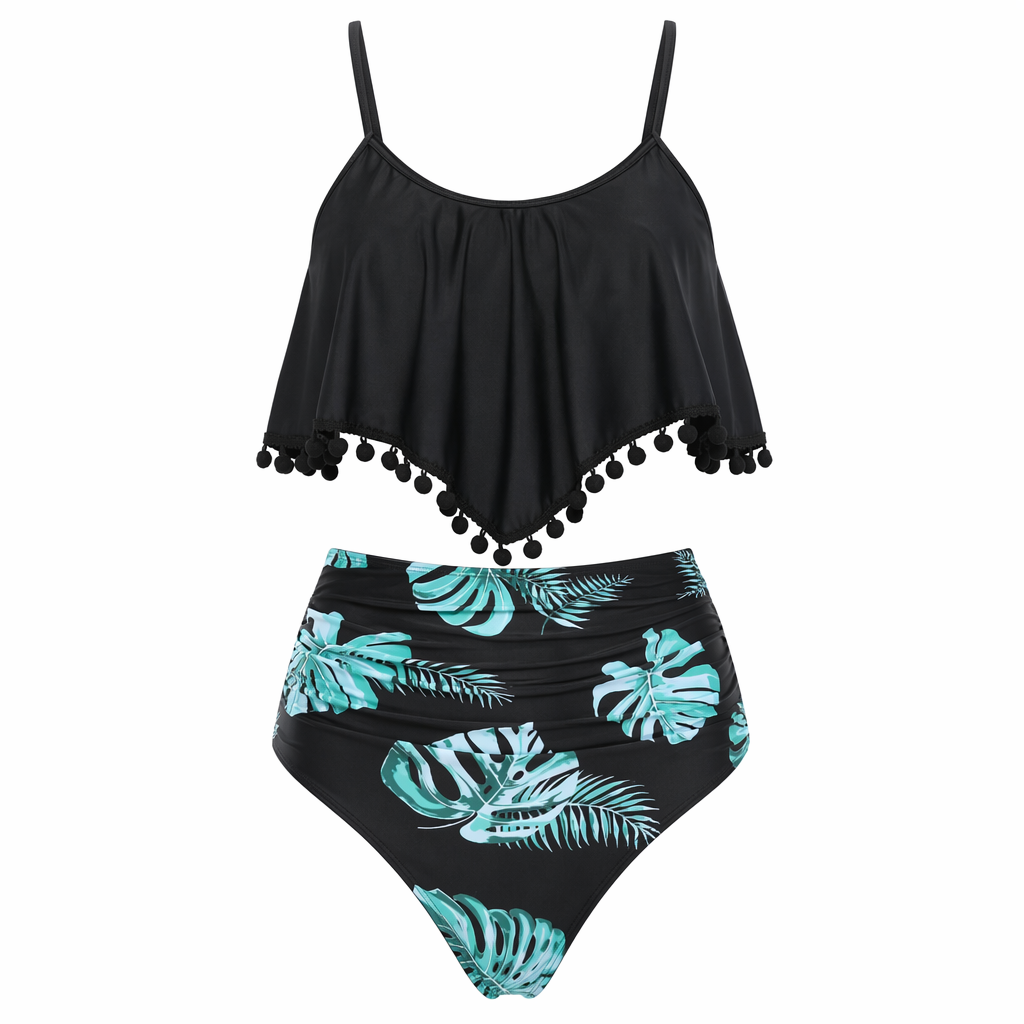 Tropical Leaves Print Tankini Set in Black Default