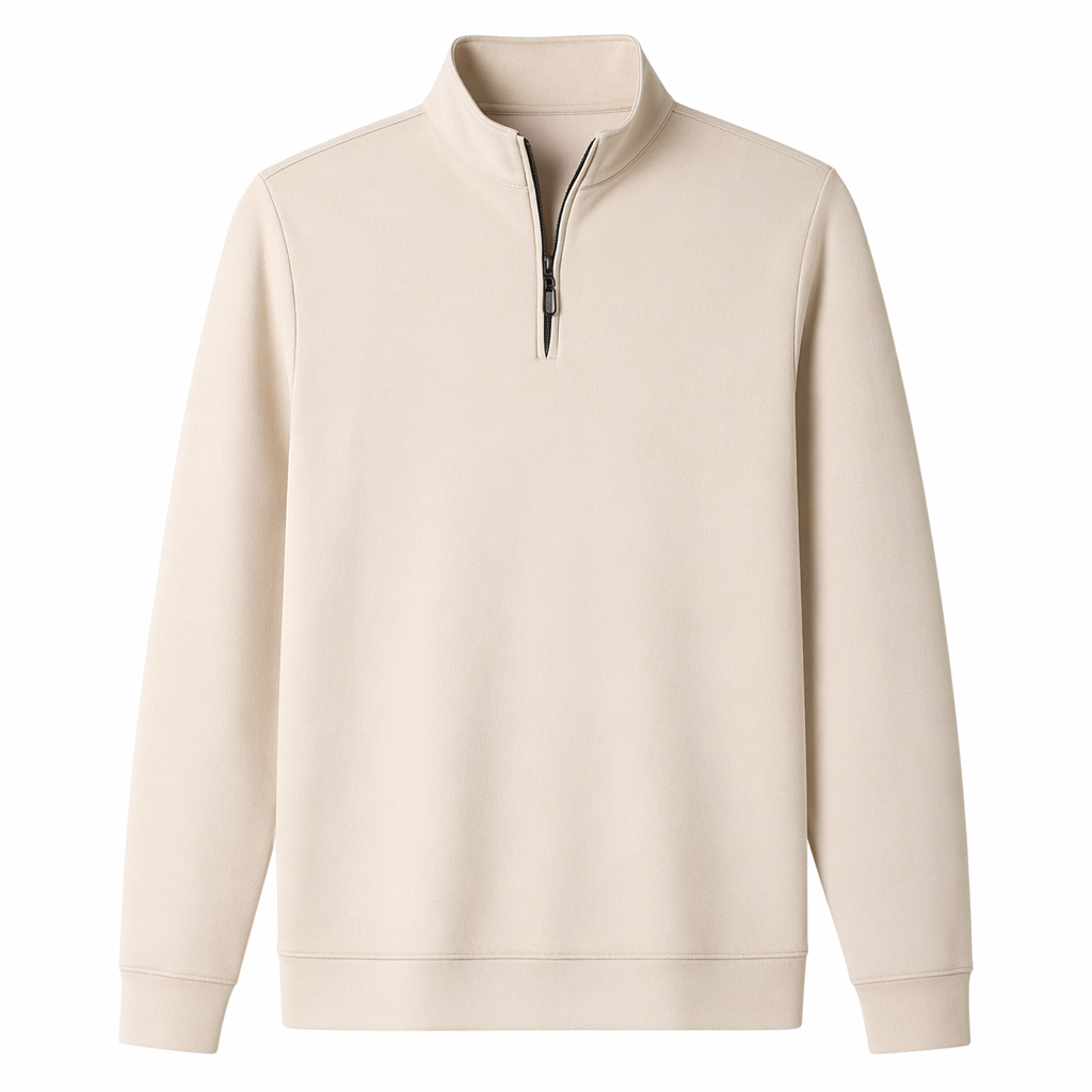 Long Sleeve Men's Casual Top with Stand Collar Beige