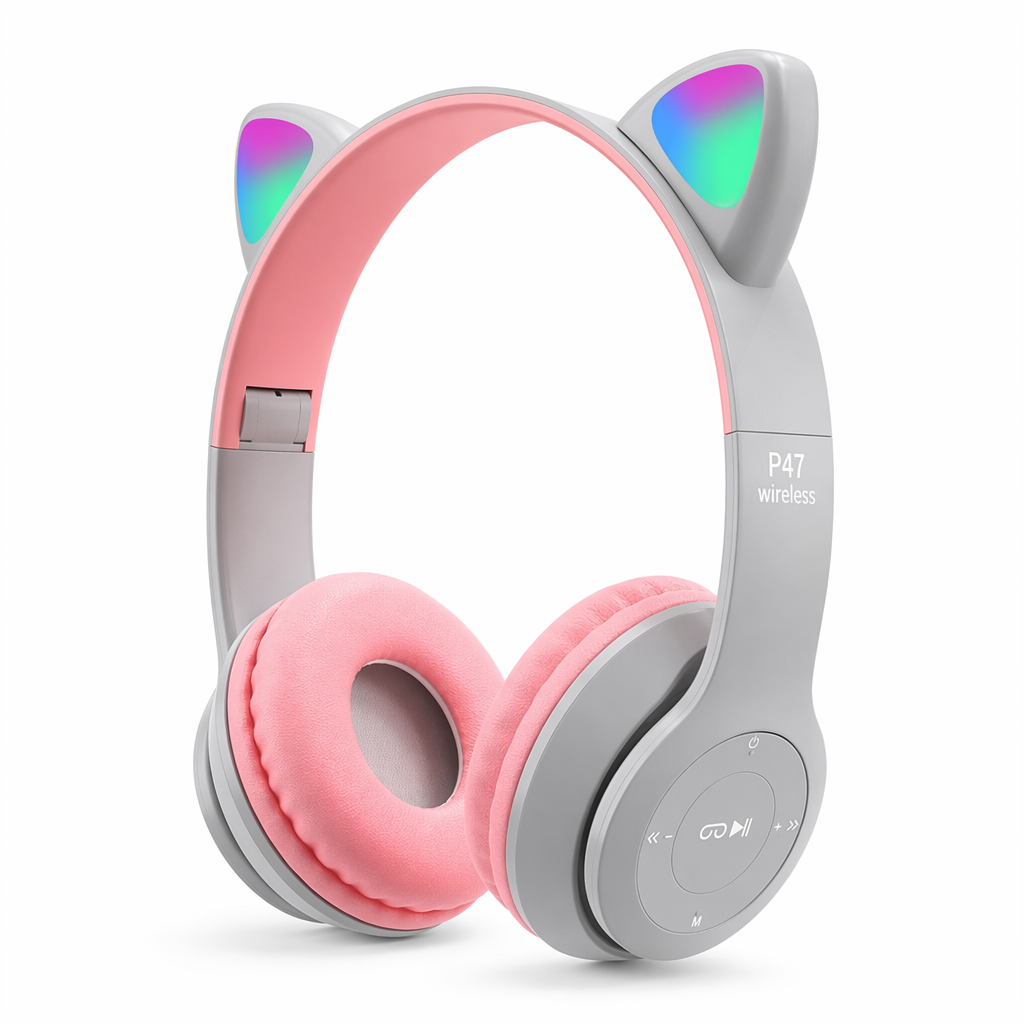 LED Bluetooth Headphones with Cat Ear Design Gray