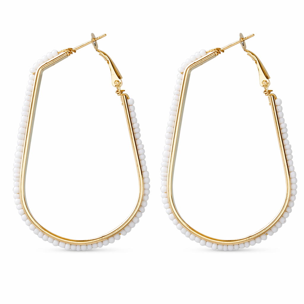 Beaded Elongated Circle Earrings White