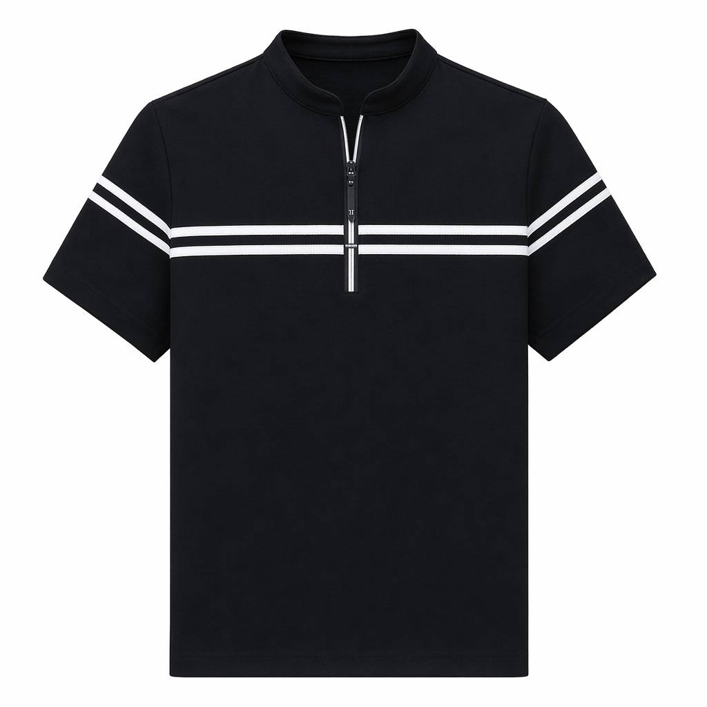 Stand Collar Men's Polo Shirt with Stripes Black