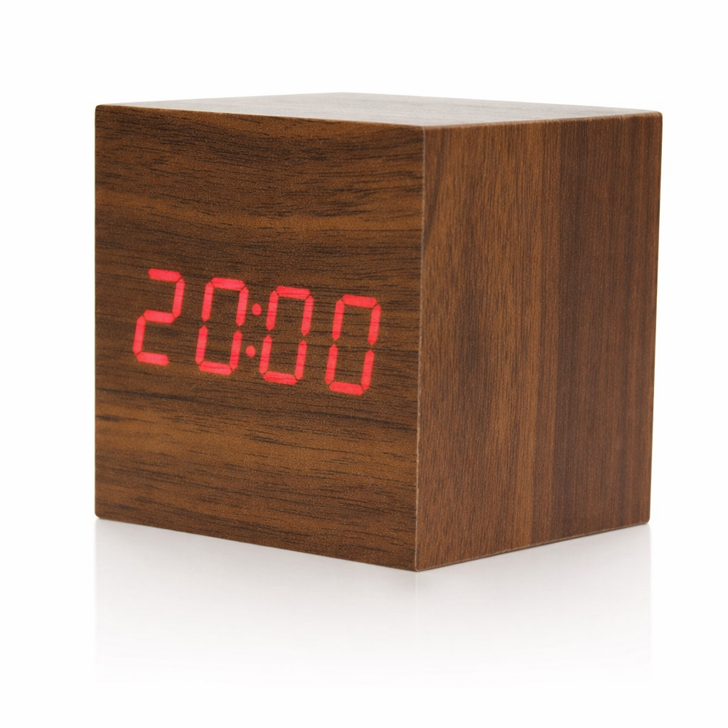Digital Alarm Clock with LED Wooden Thermometer Display Brown