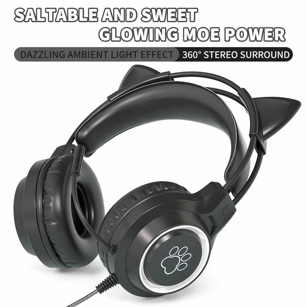 Headphones with LED Cat Ears that Light Up and Move in Sync with Music Black
