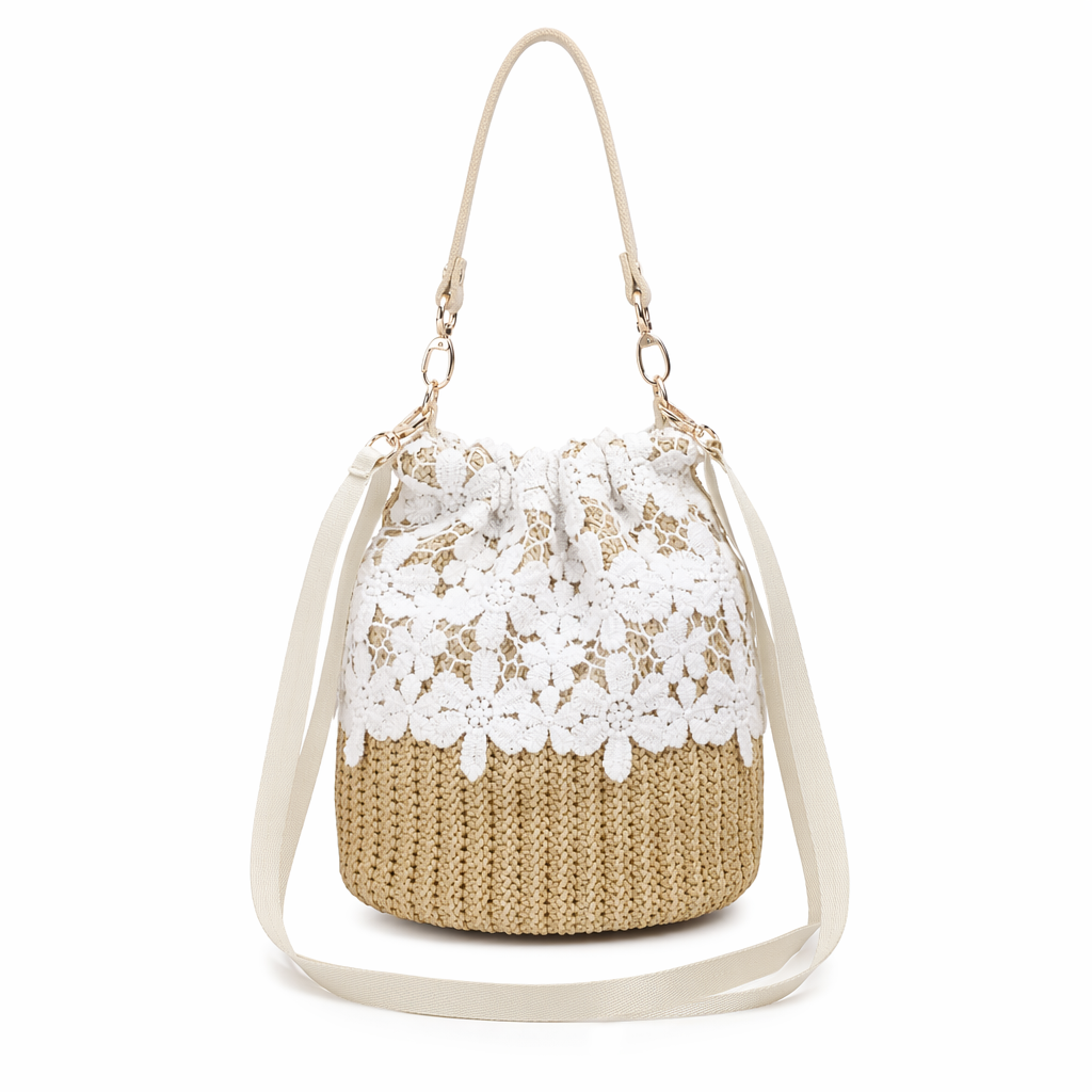 Summer Lace-Trimmed Straw Bucket Bag for a Chic Seasonal Look Default