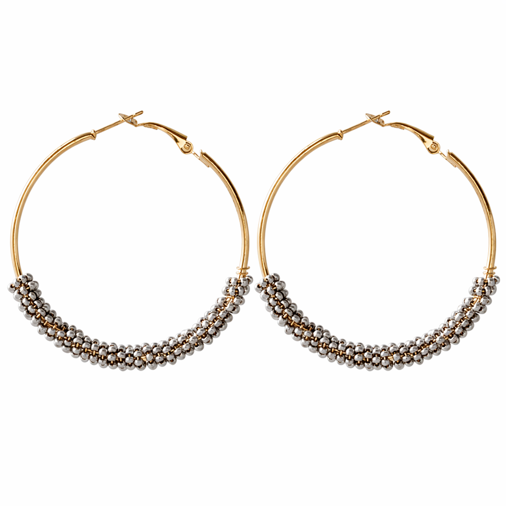 Vibrant Beaded Circular Hoop Earrings Silver