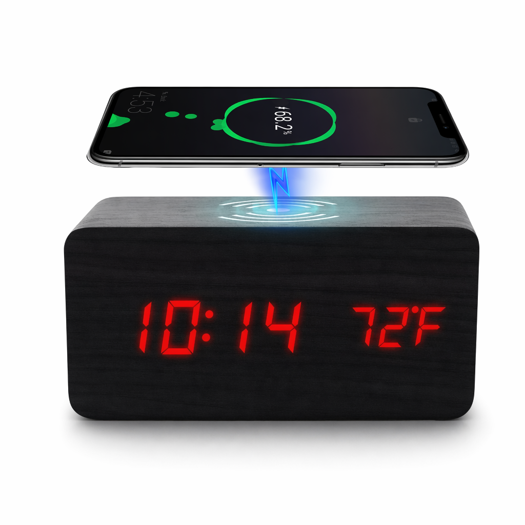 Digital Alarm Clock with Wireless Phone Charging Pad made of Wood Black