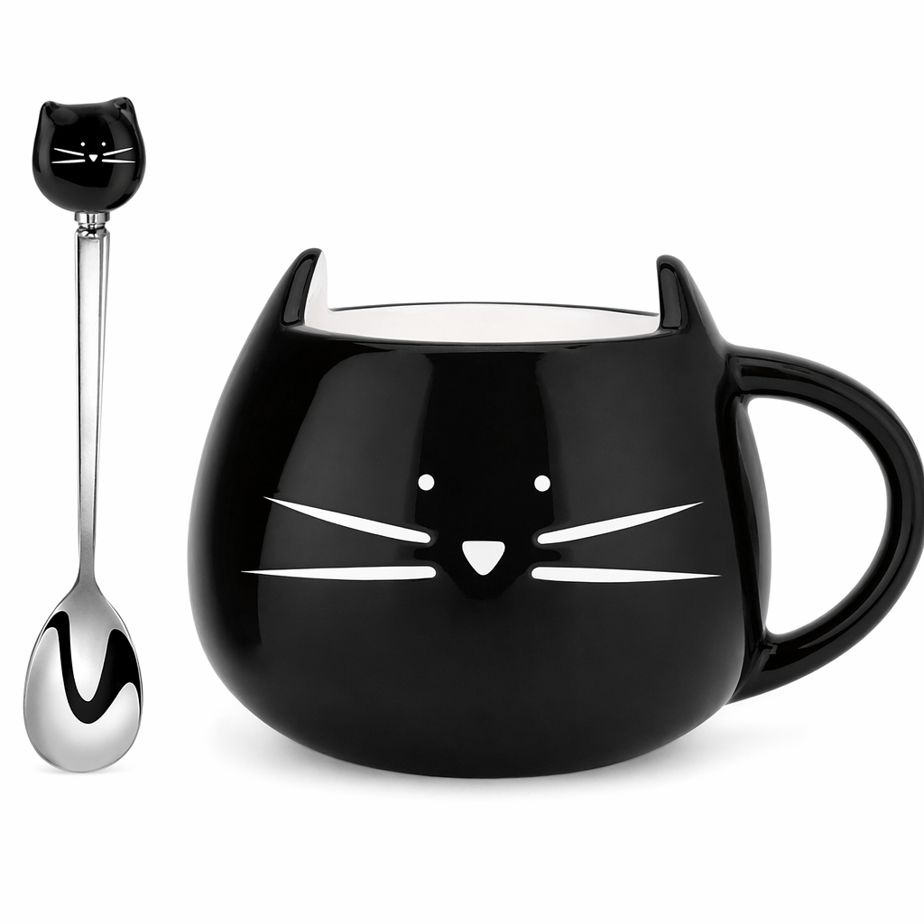 Adorable Ceramic Kitty Mug with Spoon Black