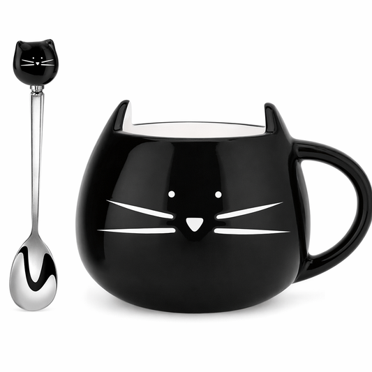 Adorable Ceramic Kitty Mug with Spoon Black