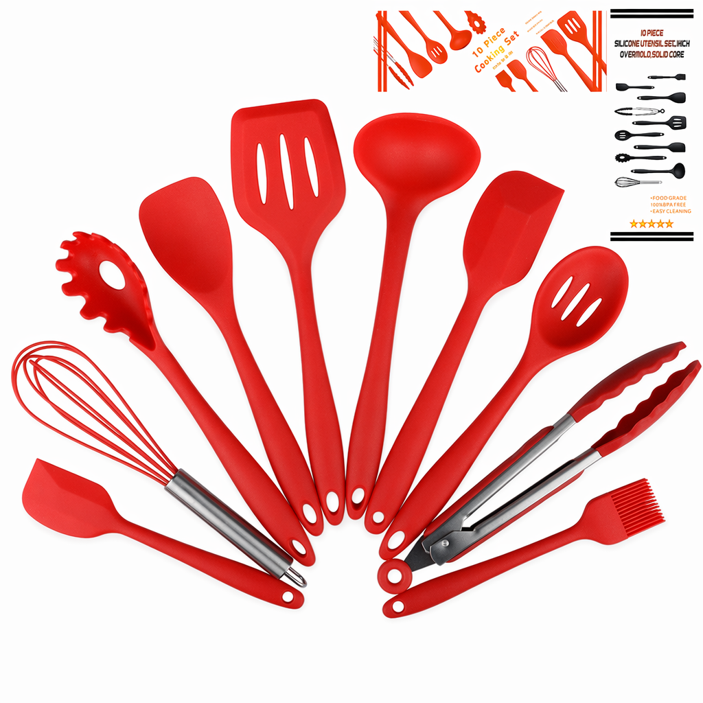 Premium Set of 10 Heat Resistant Non-Stick Silicone Cooking Utensils Red