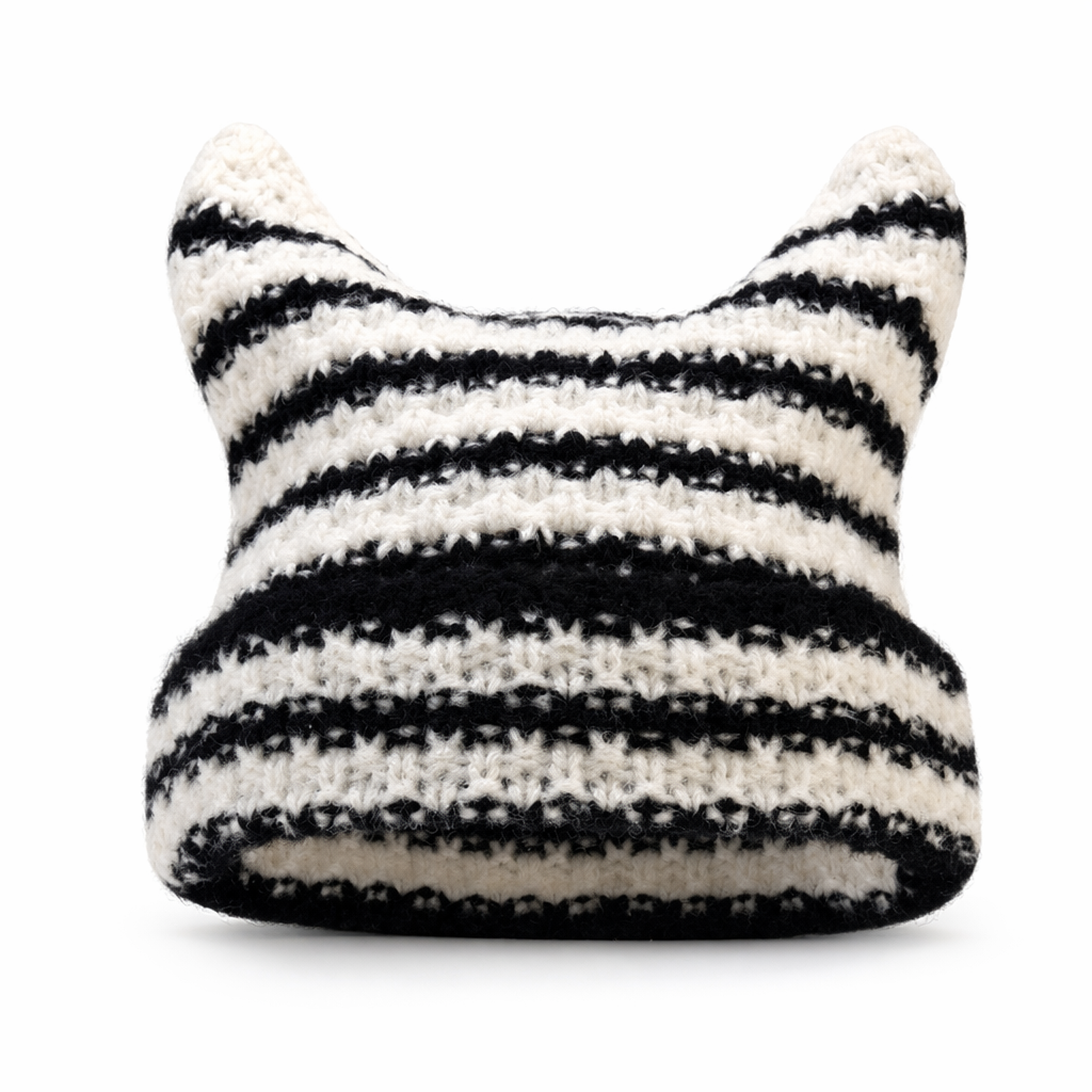 Striped Knitted Beanie for Adults black white striped