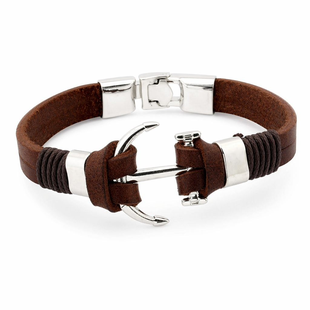 Trendy Leather Bracelet for Men with Nautical Anchor Motif Brown