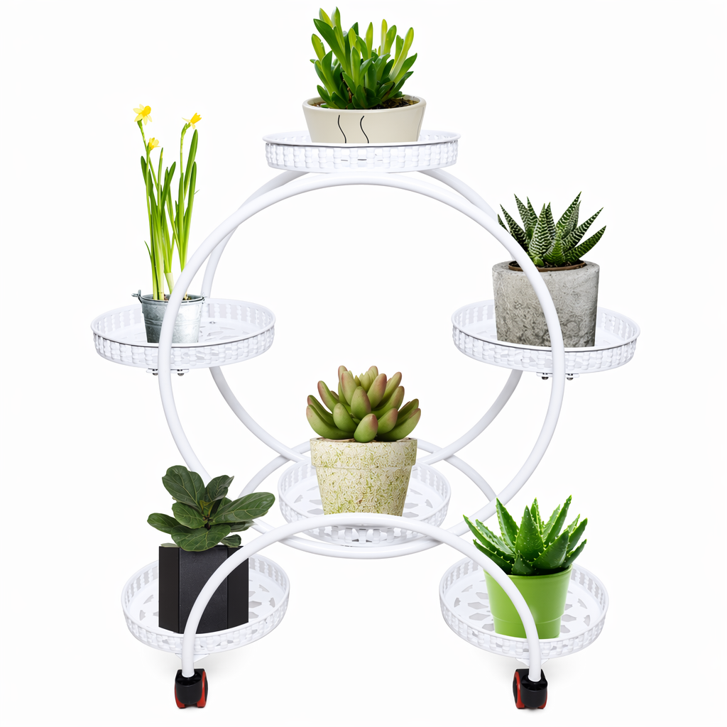 Metal Plant Stand with a Circle Design - 6 Pot White