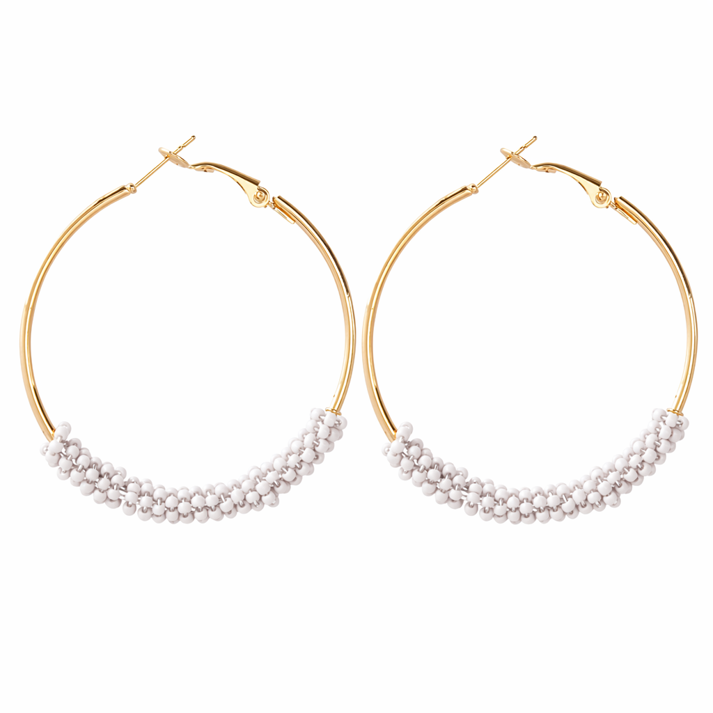 Vibrant Beaded Circular Hoop Earrings White