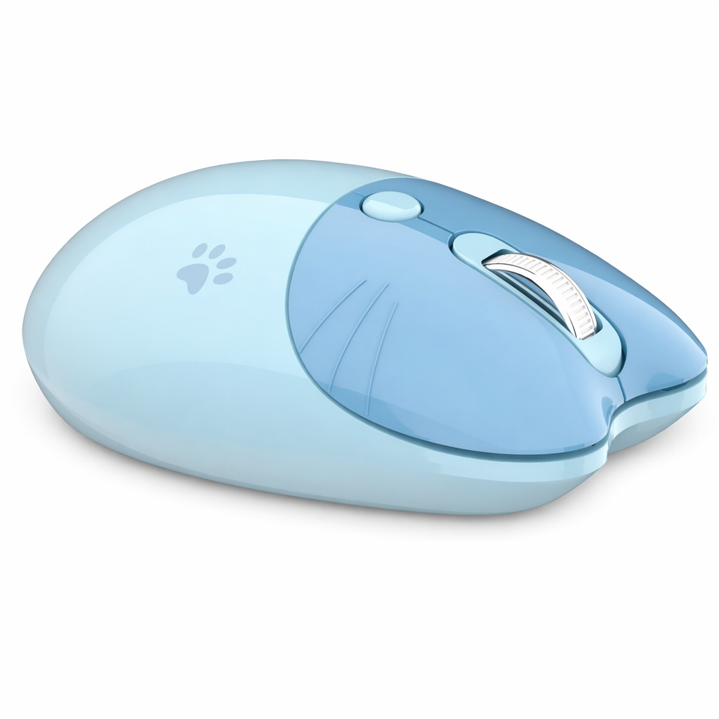 Cartoon Feline Themed Wireless Mouse with Bluetooth 2.4Ghz Blue