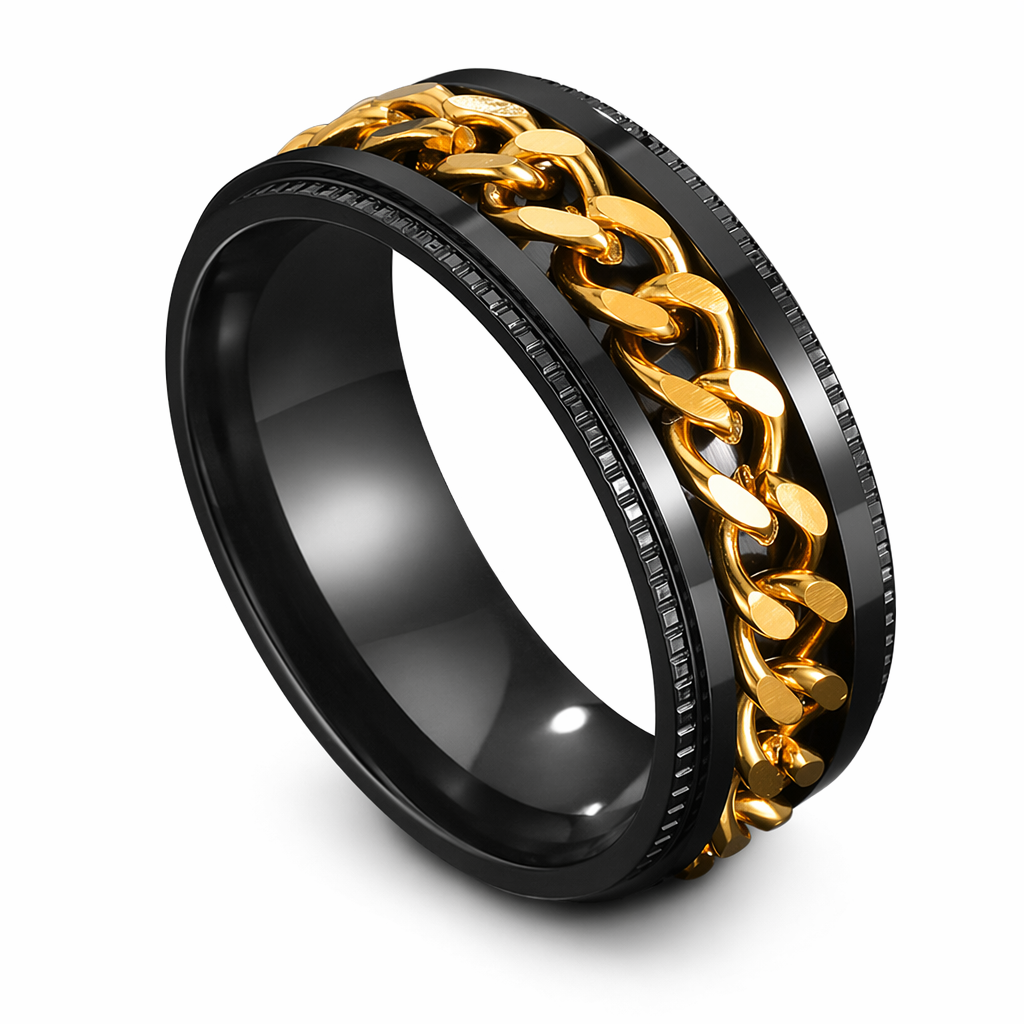 Rotating Black Chain Style Men's Stainless Steel Ring Gold