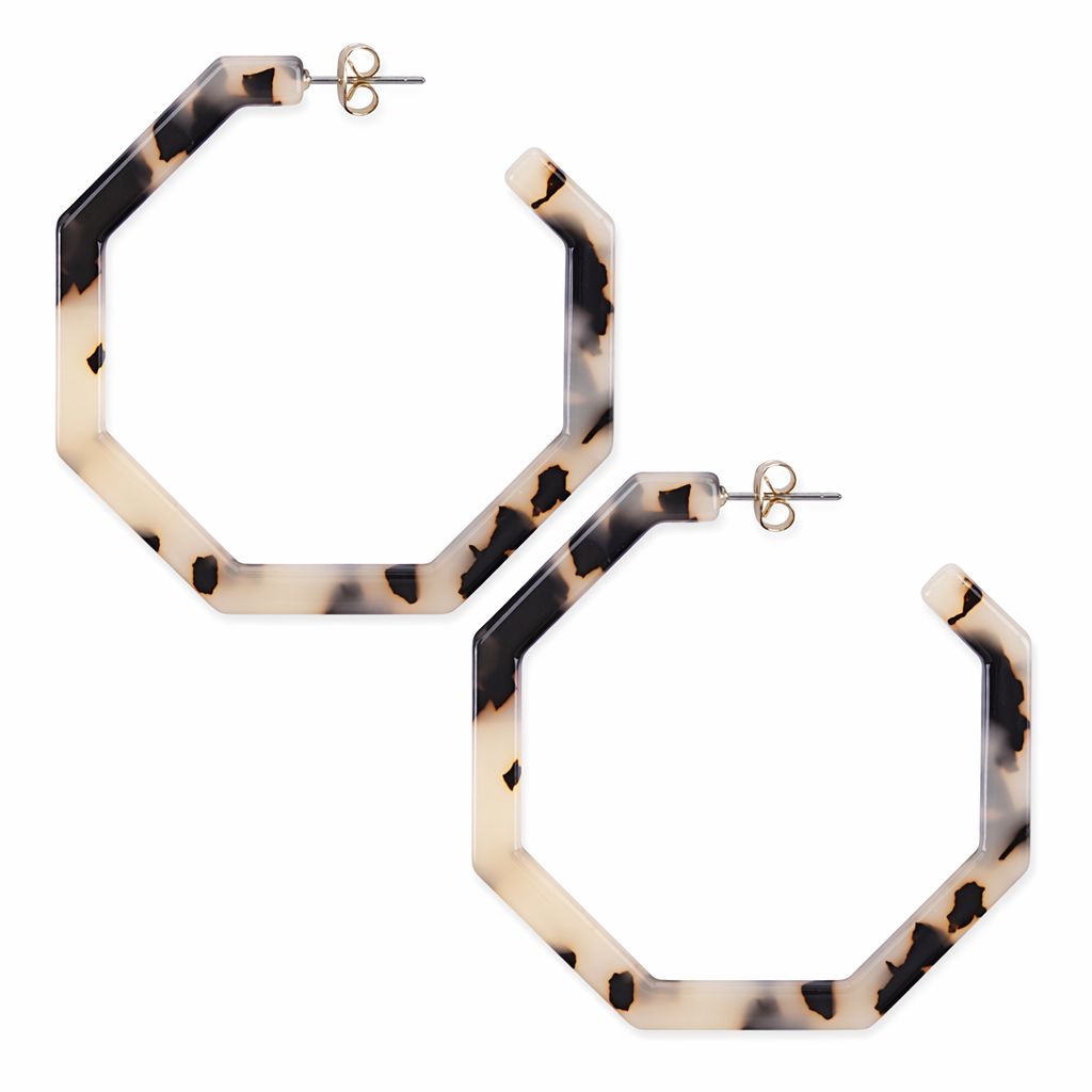 Resin Hoop Earrings with Geometric Design Beige