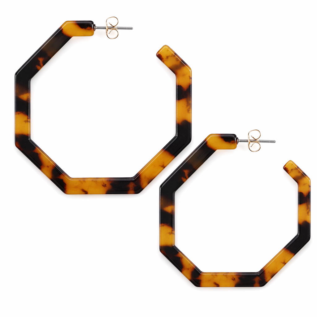 Resin Hoop Earrings with Geometric Design Brown