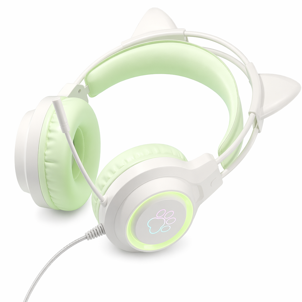 Headphones with LED Cat Ears that Light Up and Move in Sync with Music Green