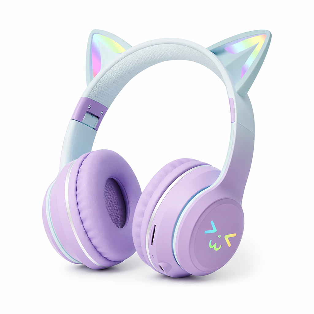 RGB Foldable Bluetooth Headphones with Cat Ear Design Purple