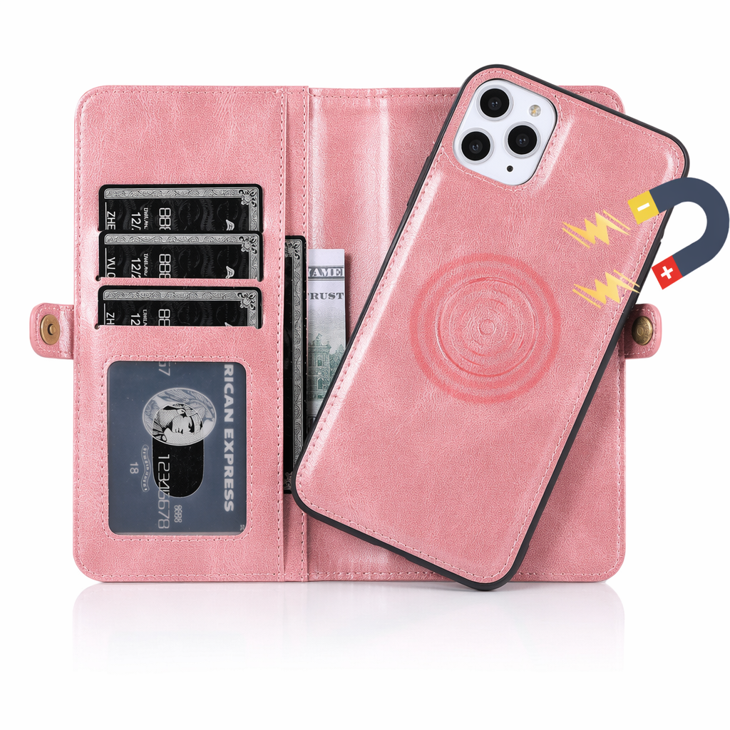 Vegan Magnetic Card Holder Wallet Case with Strap for iPhone 11 to 15, made from Synthetic Leather Rosegold
