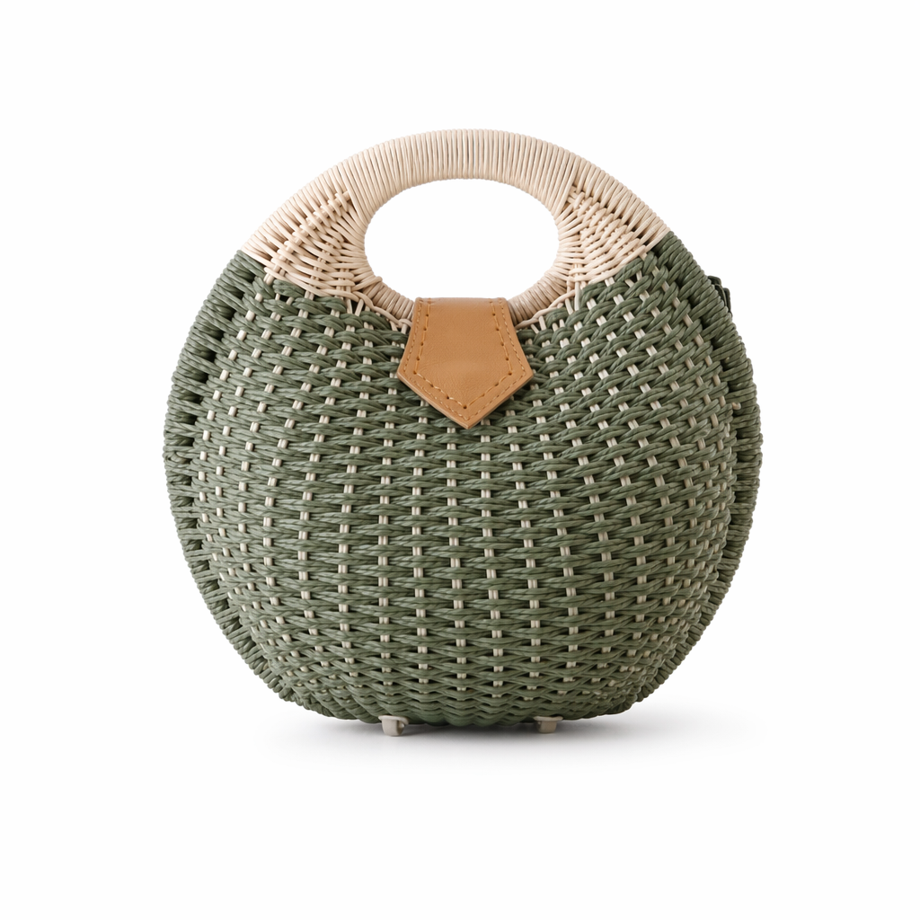 Round-Shaped Wicker Handbag with a Top Handle Green
