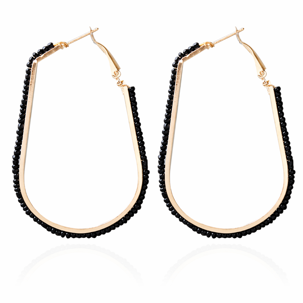 Beaded Elongated Circle Earrings Black